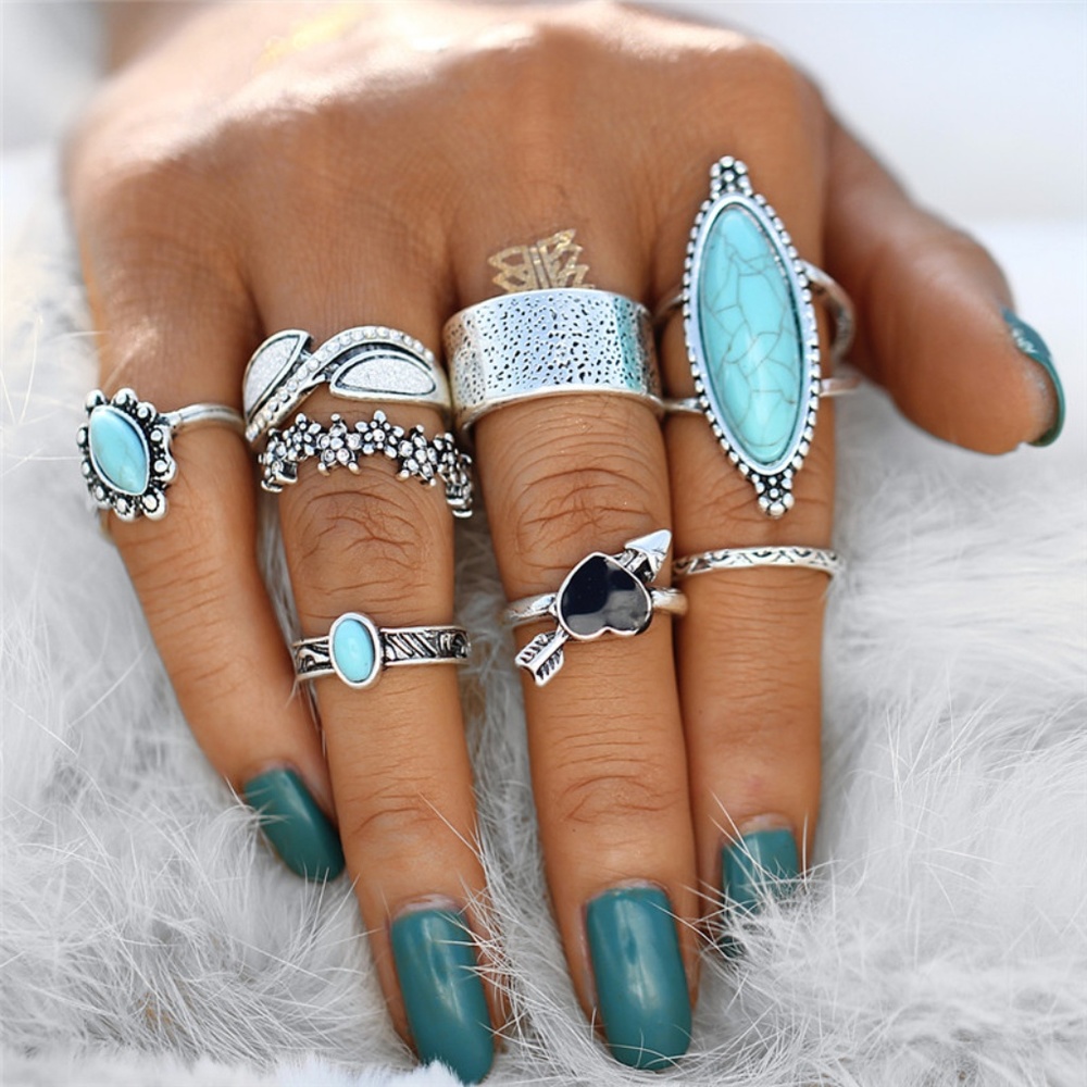 RS3 | 8PCS Boho Silver Ring Set Turquoise Stones
